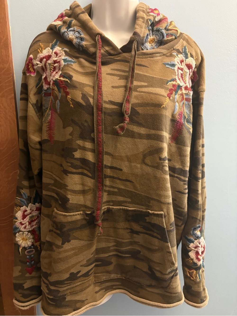 Johnny Was Camouflage Hoodie with Floral Embroidery Rolled Hem & Cuffs Medium